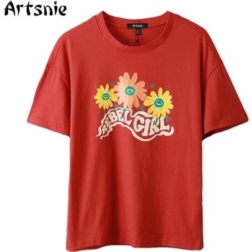 Artsnie Summer 2021 Floral Print T Shirt Women O Neck Short Sleeve Tops Female Streetwear Casual Knitted Ladies Red T-shirts