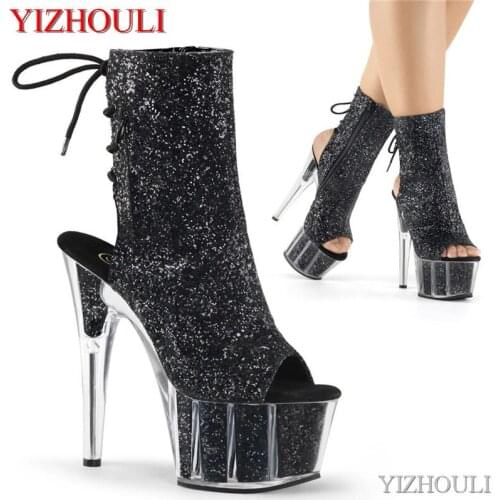 15cm banquet stage ankle boots transparent platform 6 inch stiletto heels, sequined vamp nightclub pole dancing ankle boots