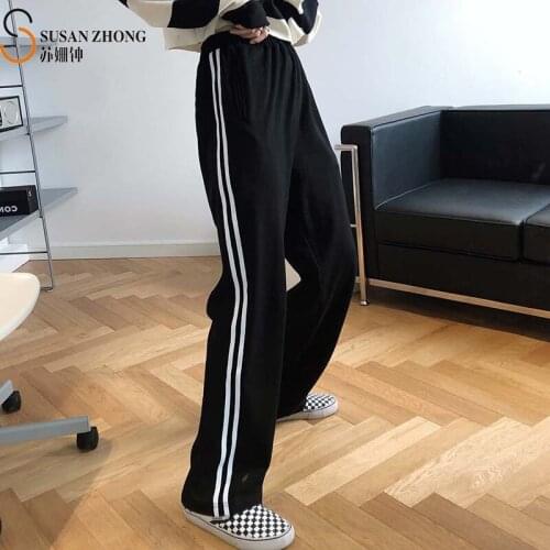 Women Trousers Female Ladies Long Pants Autumn Winter Jersey Sports Elastic Lace-Up Waist Side Stripe Loose Wide-Leg Casual