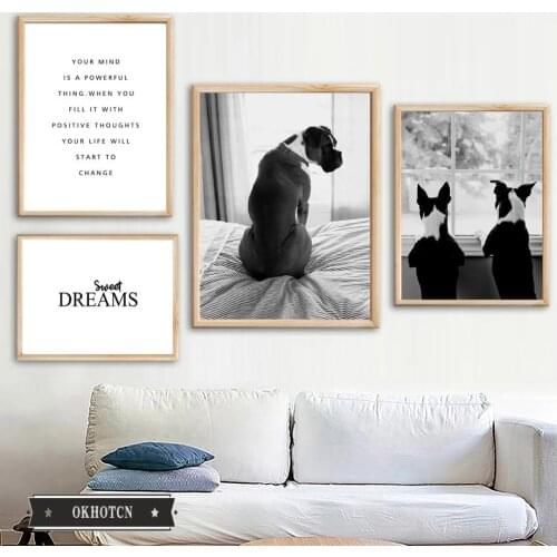 Black White Dog Look Out Window Photo Prints Poster Sweet Dream Quotes Wall Art Canvas Painting Nordic Pictures Room Decor