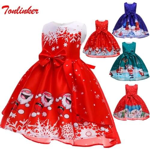 Little Girls Christmas Eve Xmas Dress Up Party Dresses Santa Claus Elk Snow Satin Print Children Baby Bowknot Princess Dress