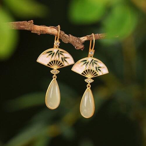 Designer original new fan-shaped inlaid zircon natural Hetian jade drop-shaped exquisite and elegant charm ladies earrings