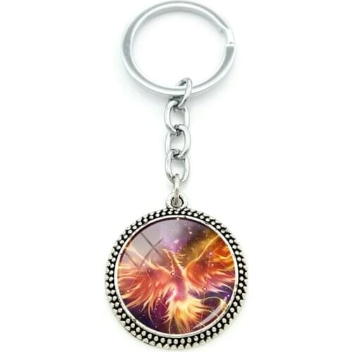 JWEIJIAO Fire Phoenix New Fashion Cabochon Glass Pendant Keychain Round Glass Gemstone Keychain Metal Jewelry