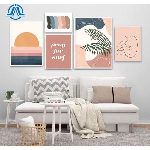 Boho Canvas Painting Palm Leaves Poaters Sunset Prints Abstract Wall Art Minimalist Line Art For Living Room On The Wall Decor