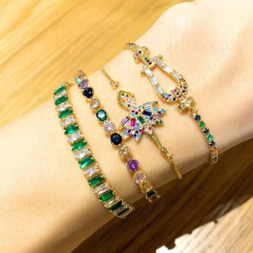 Paved Charm Tiny CZ Rainbow Crystal For Women Jewelry Multiple Shape Bracelet Charm Link Adjustable Gold New Year Gift 2021