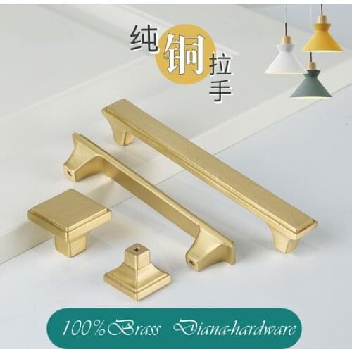 Brass Square Door Knobs and Handles for Furniture Cabinets and Drawers Modern Pure Copper Kitchen Cupboard Handle Pulls Hardware