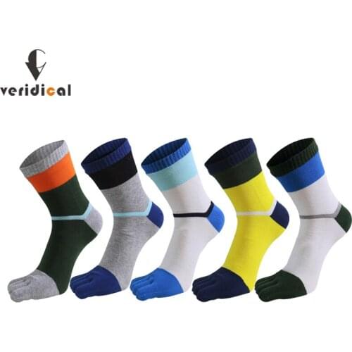 VERIDICAL Cotton Man Short Socks With Toes Striped Colorful Anti-Bacterial Breathable Warm Five Finger Party Dress Long Socks