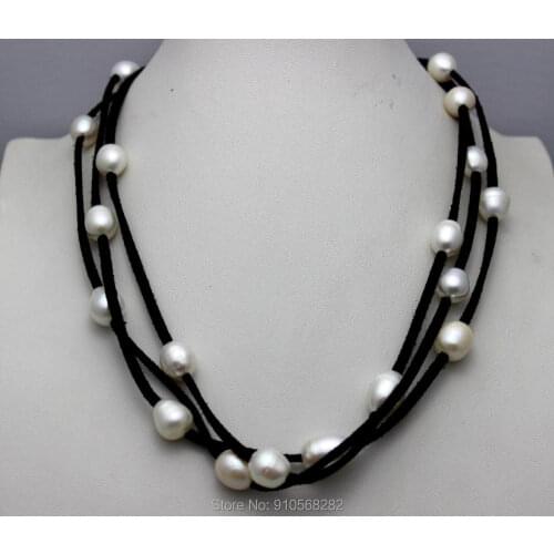 Handmade 3 Strand Black Leather and 18 Beads of White Fresh Water Pearl Necklace 9x12mm 45cm