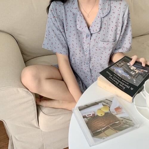 Womens Pajamas Cotton Girls Korean Cute Cherry Print Sleepwear 2 Piece Set Sweet Loose Lapel Homewear Short Sleeve Nightwear