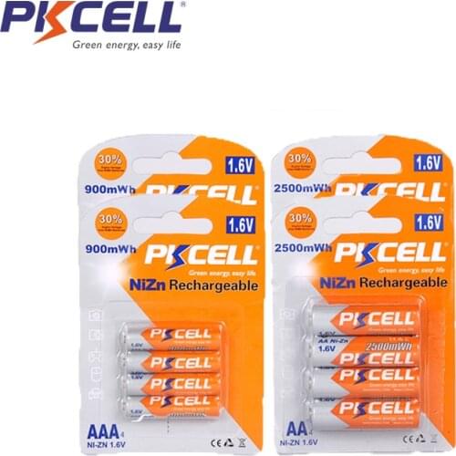 PKCELL 8Pcs AAA 1.6V Rechargeable Battery 900mWh and 8Pcs AA 1.6V NIZN Rechargeable Batteries 2500mwh NIZN Batteria For Toys