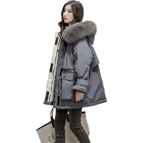 Pai overcome womens middle and long Korean new down cotton jacket womens loose and thickened cotton jacket with wool collar