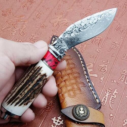 Manual Damascus steel knife fish knife EDC tool fixed blade Horns straight knife high hardness outdoor survival camping tool