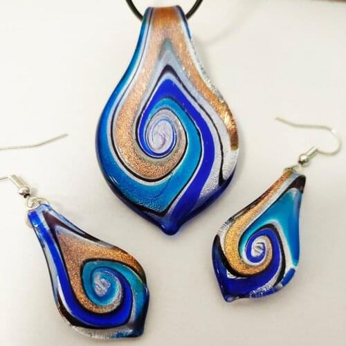 1 Set Chinese Style Dark Blue Fashion Murano Grass Pendant Earrings Necklace Whirlwind Pattern Jewelry For Women Gift
