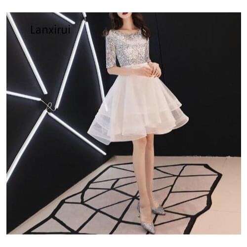 Spring Summer Light white Short Lady Girl Women Princess Banquet Party Dress Sequins Beads Tulle party Dresses
