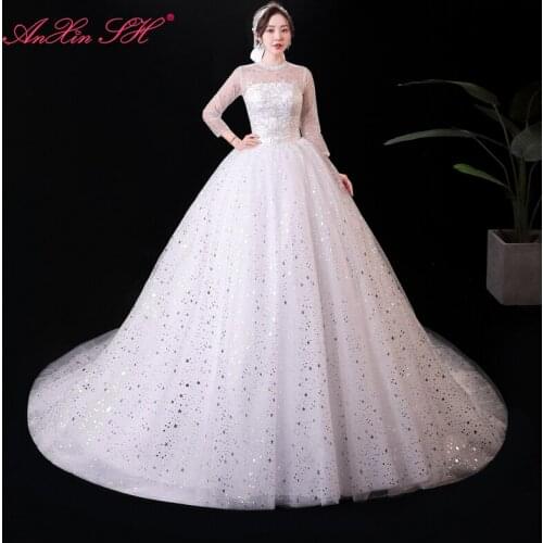 AnXin SH princess sparkly white lace evening dress vintage silvery star sequins o neck long sleeve illusion white evening dress