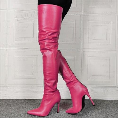 SEIIHEM Women Thigh High High Boots Full Back Zip Pointed Toe Stiletto Heels Boots Over Knee Lady Shoes Woman Big Size 41 44 47