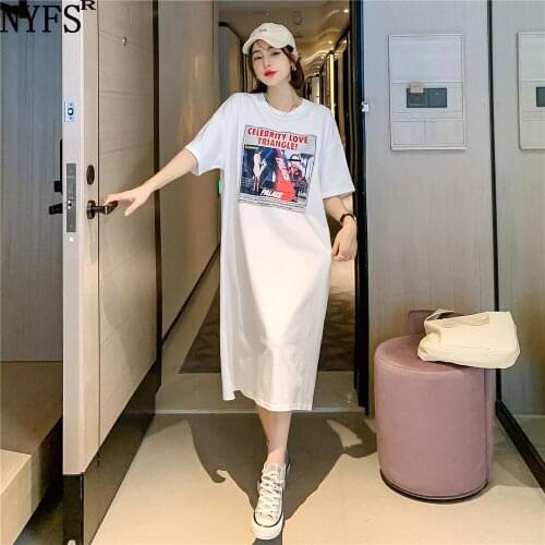 NYFS Summer Dress 2021 Korean New Loose Short Sleeves Woman Dress Vestidos Robe Elbise Fashion 3D printing Slit Long Dress