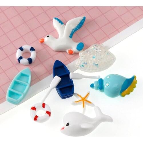 10Pcs Ocean Series Boat Shell Paddle Fish Seagull Flat back Resin Cabochons DIY Kawaii Scrapbooking Embellishments Resin Craft