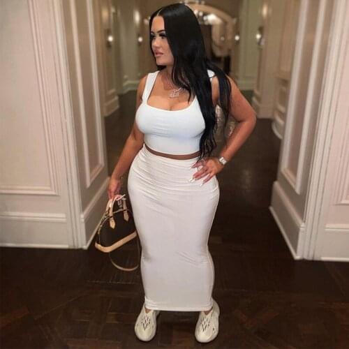 2021 Summer Women Solid 2 Pieces Tanks Crop Top Midi Skirt Set Bodycon Sexy Streetwear Matching Elegant 2021 Summer Suits
