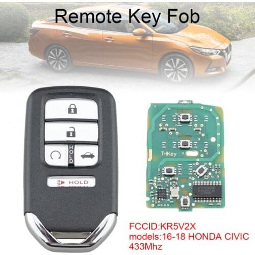 433Mhz 5 Buttons Keyless Entry Smart Prox Remote Car Key Fob with ID47 Chip KR5V2X Fit for 2016 2017 2018 Honda Civic