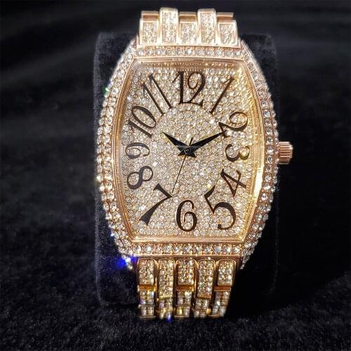 Hip Hop MISSFOX Rose Gold Watches for Men Luxury Hiphop Full Iced Out Watches Ropper Rhinestone Male Tonneau Quartz Wristwatch