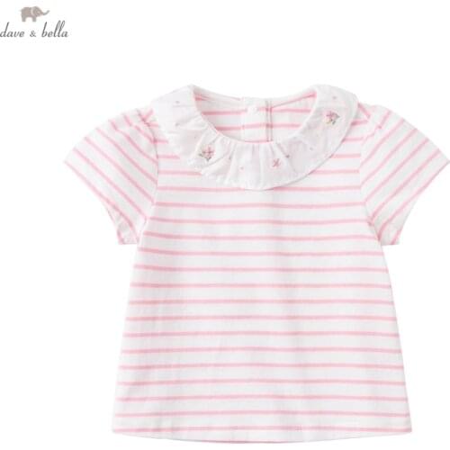 DBJ17482 dave bella summer baby girls cute floral embroidery striped print T-shirt children tops girl kids fashion tees