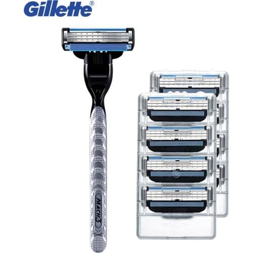 Gillette Mach 3 Safety Manual Razor Classic Mens Beard Shaver 1 Holder 1 Blade + 8 Replacement Shaving Blades Original