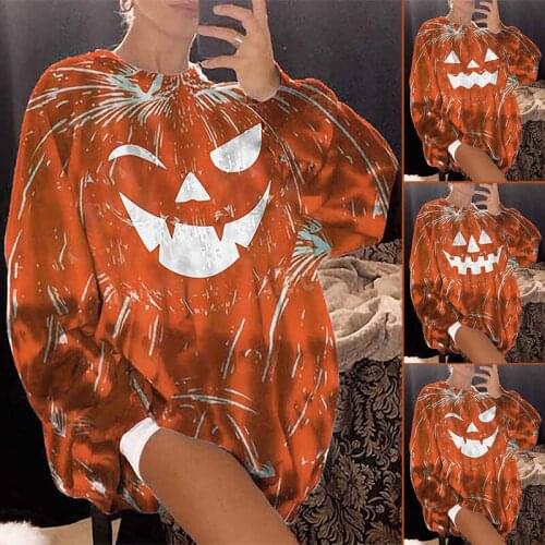 2021 Printed Hoodies Sweater Halloween Cartoon Ghost Face Crew Neck Pumpkin Color Loose Sweatshirt for Daily Fall Winter N66