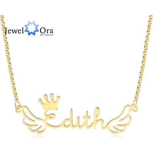 JewelOra 925 Sterling Silver Personalized Wings Nameplate with Crown Custom Name Pendant Necklace S925 Silver Jewelry Gifts