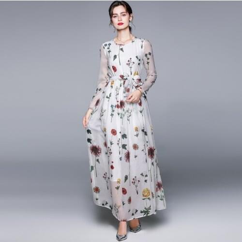 JSXDHK Elegant Women Long Sleeve Boho Maxi Dress Summer O Neck Flower Print Chiffon White Lace Up Belt Holiday Beach Long Dress