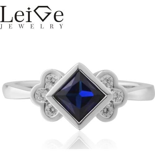 Leige Jewelry Lab Sapphire Ring Princess Cut Blue Gemstone Engagement Rings For Woman Sterling Sliver 925 September Birthstone