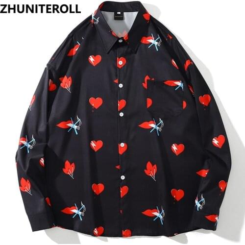 Harajuku Men Hawaiian Shirt Hip Hop Graphic Heart Print 2021 Beach Shirt Summer Long Sleeve Aloha Shirt Fashion Streetwear Tops
