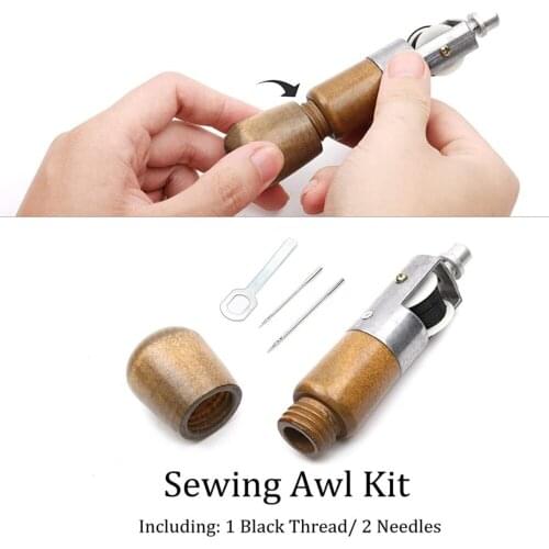 Leather Sewing Kit with 2 Needles Manual Stitcher with Wooden Handle Awl Needle Tool DIY Accessory for Cloth JS22