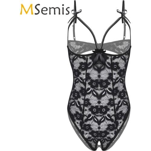 Sexy Womens Crotchless Teddy Bodysuit Lingerie Open Cups Erotic Costume Flower Pattern Sheer Nightwear Hollow Out Sleepwear