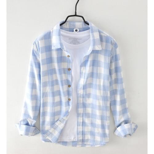 Men summer shirts Long Sleeve Casual Wild Trendy Cotton Simple Top Male Plaid Clothing