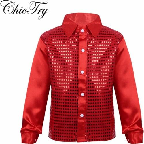 Children Kids Boys Glittery Sequined Long Sleeve Spread Collar Shirt for Choir Jazz Party Dance Stage Performance Clothes