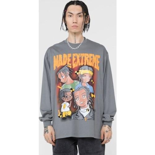 Men Hip Hop Sweatshirt Harajuku Japanese Anime T Shirt Vintage Foam Print Long Sleeve Cotton Pullover Streetwear Oversize Shirt