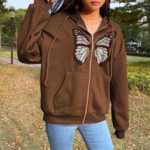 Zip-Up Butterfly Print Hoodies Women Loose Casual Hooded Sweatshirt Female Y2K Harajuku Vintage Streetwear Spring Autumn 2021