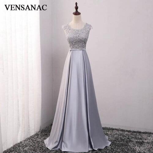 VENSANAC O Neck A Line Crystal Sash Long Evening Dresses 2018 A Line Lace Appliques Backless Party Prom Gowns