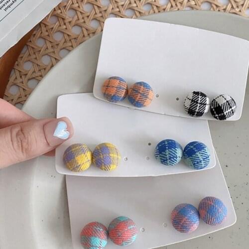 Cute Vintage Plaid Round Earrings for Women Korean Fashion Sweet Design 2021 Trendy Jewelry Set Wholesale Boucle Oreille Femme