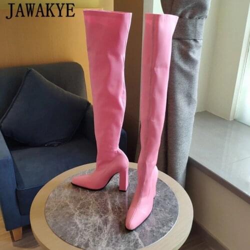 Runway Square Heel Satin Boots Women Multicolor Elastic Slip-on Over the Knee Boots Comfort Light Stretch Party Shoes Woman
