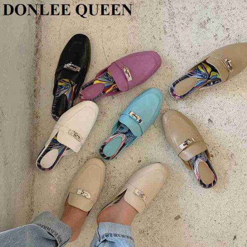 Women Flat Slippers New Fashion Metal Chain Close Toe Mule Shoes Slip On Casual Loafers Brand Slides Flip Flops Zapatos De Mujer