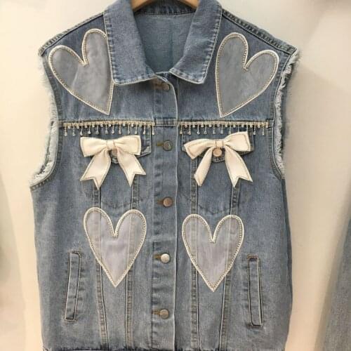 2021 Autumn New Diamond Bowknot Love Denim Vest Jacket Female OL Style Loose Waistcoat Sleeveless Jean Coat Outerwear for Women