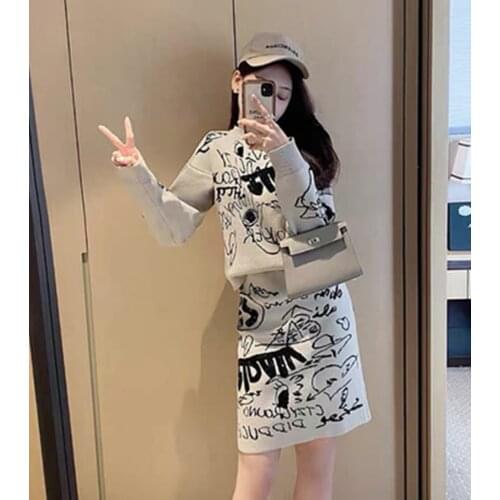 2021 New Autumn Womens Knitted Skirt Suits Fashion Casual Chic Knit Long Sleeve Pullovers Tops + Mini Skirt 2 Pieces Sets Mujer