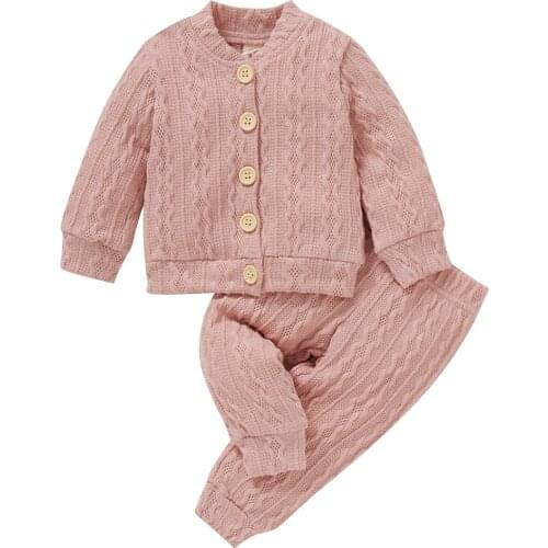 Nowborn 2Pcs Set Round Neck Baby Boys Girls Long Sleeve Cotton Crochet Knit Autumn Solid Single Breasted Jacquard Long Pants