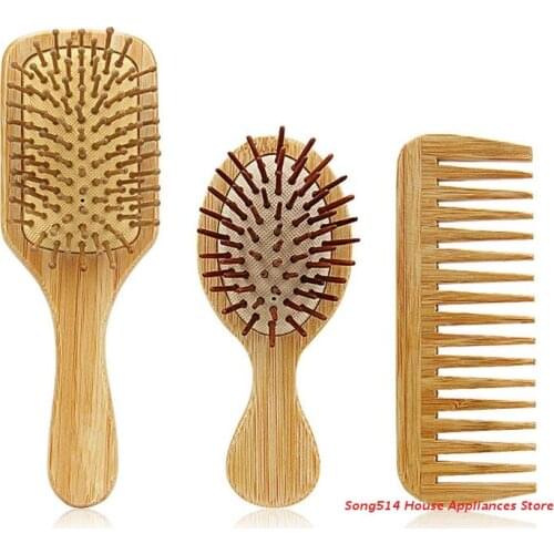 3Pcs Bamboo Hair Brush Combs Set for Women Men Kids Wet Dry Long Short Hairs Smoothing Massaging