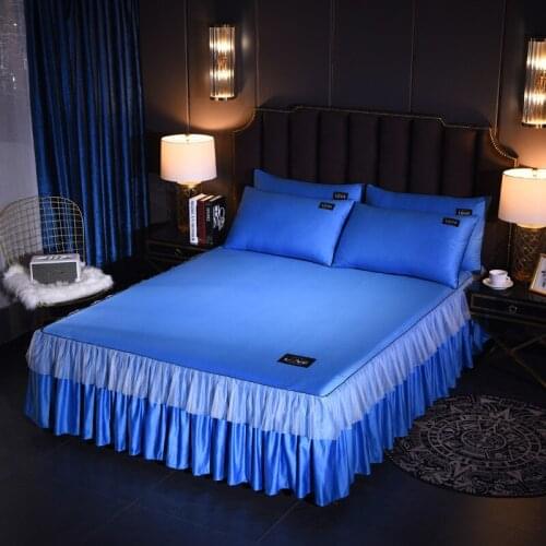 3 Pcs Silk Cotton Bed Skirt Pillowcases Bedding Set Princess Ice Light Luxury Solid Color Anti-Slip Bedspread Fitted Sheet Full