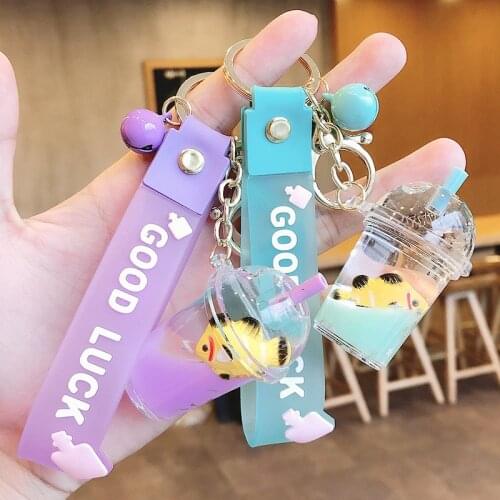 Creative Cartoon Milk Tea Cup Keychain Liquid Quicksand Floating Fish Acrylic Key Chain Couple Backpack Pendant Keyfob Ornament