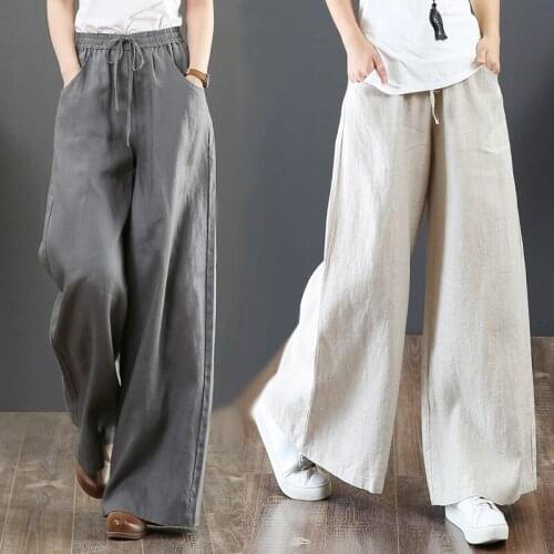 2020 Spring and Summer Cotton Linen Pants Womens Loose Large Size Wide-leg Pants High-waist Linen Straight Trousers
