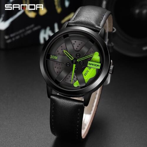 Sanda Sport Wristwatch Super Cool Car Wheel Watch 1061 Waterproof Rotating Dial Top Brand Luxury Leather Men Quratz Clock 2021